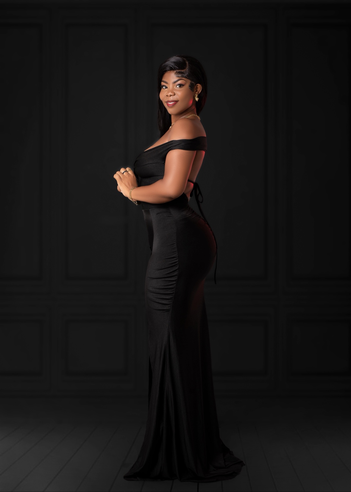 Portrait of a woman in an elegant black gown